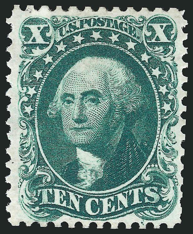 10c Blue Green, Reprint (43).> Without gum as issued, margins clear of design all around, wonderful deep rich color on bright paper, scissors separated at right very slightly blunting a few perfs at bottom,
otherwise Very Fine, only 516 sold, with 20