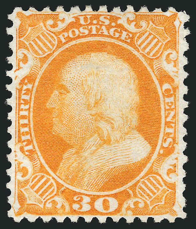 30c Yellow Orange, Reprint (46).> Without gum as issued, brilliant color as fresh as the day it was printed on crisp paper, super centering<><>^EXTREMELY FINE. A BEAUTIFUL EXAMPLE OF THE 30-CENT 1857
REPRINT.^<><>Only 480 were sold. With 1989 P.F