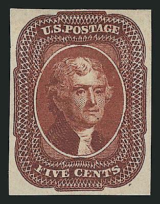 5c Deep Red Brown, Trial Color Plate Proof on Wove (12TC5).> Large margins, rich color, fresh and Very Fine, almost identical to the issued stamp