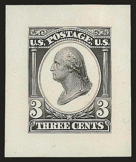 Continental Bank Note Co., 3c Liberty Die Essays on White Glazed Paper, Plate Essay on India, Plate Essay Perforated (184-E12b, 184-E12c, 184-E12d).> Two of first in Blue and Black Brown, approximately 30 x 35mm,
second on card in Green, last in Brow