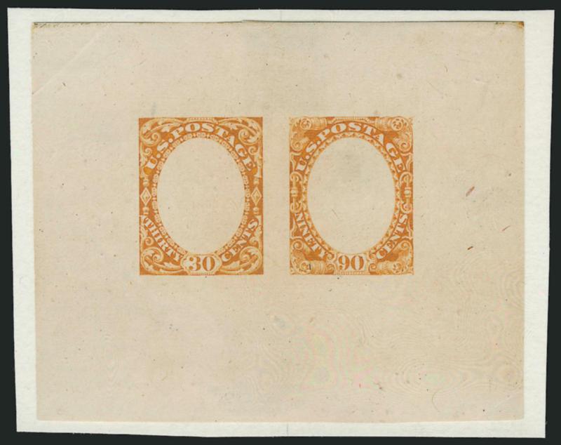 Philadelphia Bank Note Co., 30c + 90c Frame Only, Die Essays on Proof Paper, Printed Thru a Mat (190-E1c).> Ten, mostly different colors, several on card, some paper faults, appear Fine-Very Fine