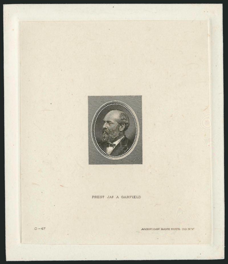 (5c) Garfield, Gray Brown, Large Die Essay on India (205-E2).> Two, die sunk on 151 x 223mm and 81 x 95mm cards with full die sinkage, American Bank Note Co. and die no. imprint at bottom, also Pres. Jas. A.
Garfield printed below design, Very Fine