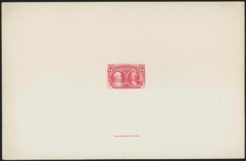 $1.00-$4.00 Columbian, Large Die Proofs Printed Directly on Card (241P1 var, 242P1 var, 244P1 var).> 142 x 219mm with full die sinkage, American Bank Note Co. imprints, $4.00 some light toning, otherwise Very
Fine
