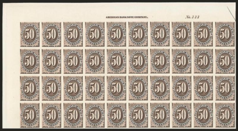 1c-50c Postage Due, Plate Proofs on India (J1P3-J7P3).> First four are blocks of 30 from the top three rows of the plate with plate nos. and imprints, last three the Scott-listed Dark Brown in blocks of 40 from
the top positions, each on card and so