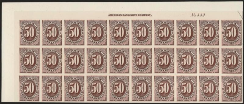 10c-50c Postage Due, Plate Proofs on India (J19P3-J21P3).> Blocks of 30 comprising the top three horizontal rows of the plate and with imprint and plate nos. at top, deep rich color, wide margins, on card and so
free from the defects that can plague