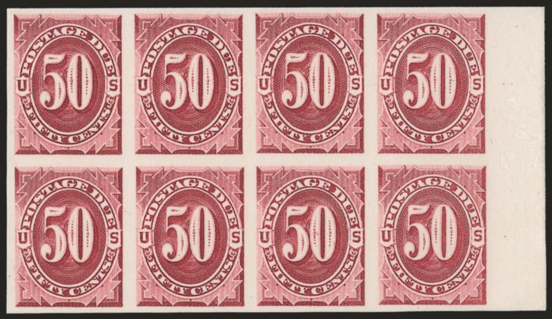 1c-50c Postage Due, Plate Proofs on Card (J22P4-J28P4).> Blocks of eight, large margins incl. each with sheet margin at one side, bright colors with 5c showing unusual differences in shade due to inking
irregularity (a scarce variation in proof form)