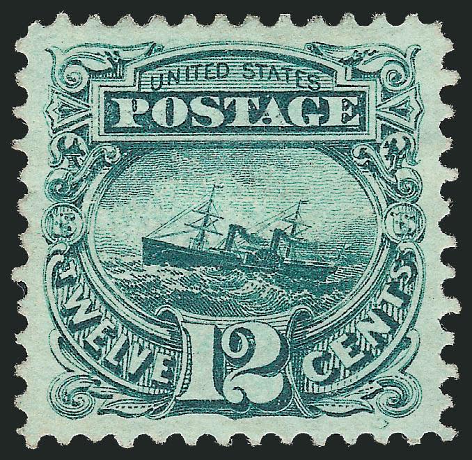 12c Green (117).> Original gum, lightly hinged, deep rich color and sharp proof-like impression, beautifully centered with unusually wide and balanced margins<><>^EXTREMELY FINE GEM. A MAGNIFICENT ORIGINAL-GUM
EXAMPLE OF THE 12-CENT 1869 PICTORIAL