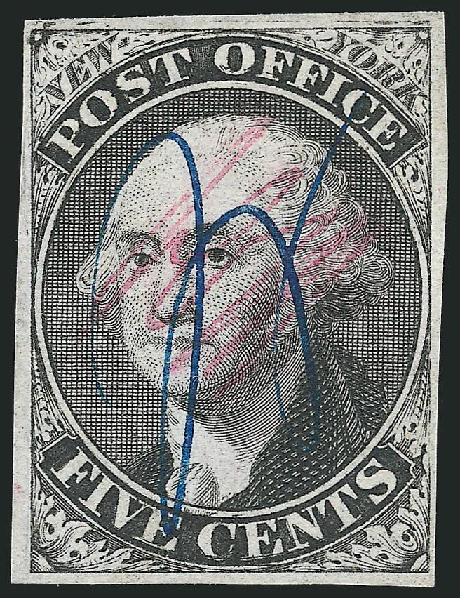 New York N.Y., 5c Black, ACM Initials (9X1).> Position 7, <double transfer,> clear to large margins, blue ms. cancel, excellent impression clearly showing the double transfer in the top and bottom labels and top
frameline, Very Fine, with 1992 P.F.