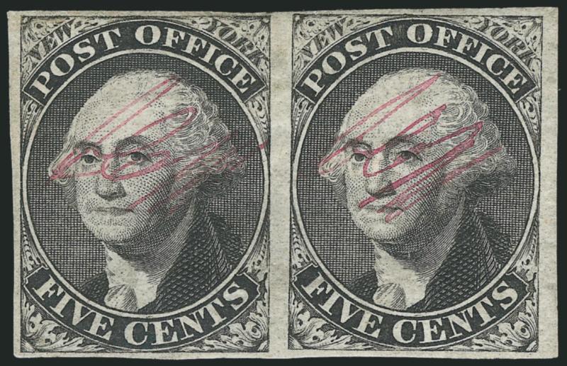 New York N.Y., 5c Black, ACM Initials (9X1).> Horizontal pair, Positions 14-15, <original gum,> large to full margins, beautiful shade and detailed impression<><>^VERY FINE AND CHOICE ORIGINAL-GUM PAIR OF THE
5-CENT NEW YORK POSTMASTERS PROVISIO