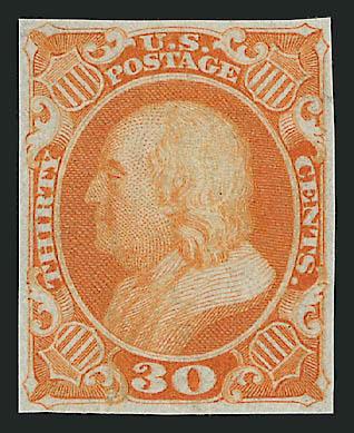 30c Orange, Plate Proof on India (38P3).> Large even margins, intense color, fresh and Very Fine