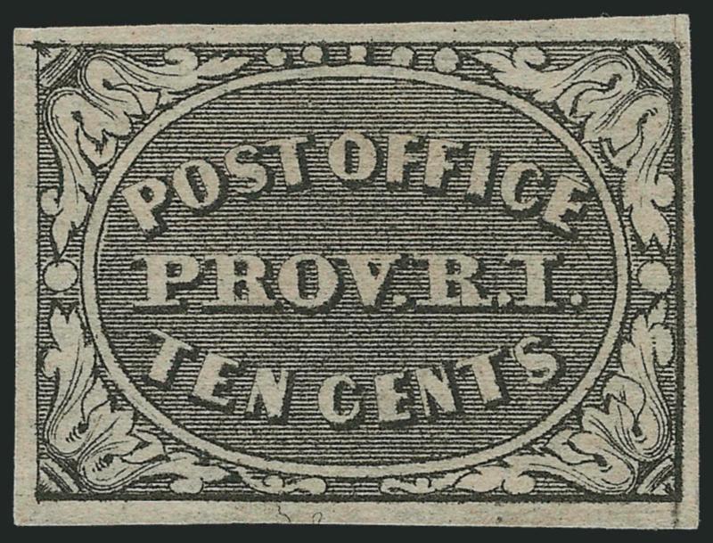 Providence R.I., 10c Gray Black (10X2).> Unused (no gum), margins all around, tiny corner crease top right, otherwise Very Fine, ex Back, with 1976 P.F. certificate and 1994 P.S.E. certificates not mentioning the
trivial crease, and 2005 P.S.E. certi