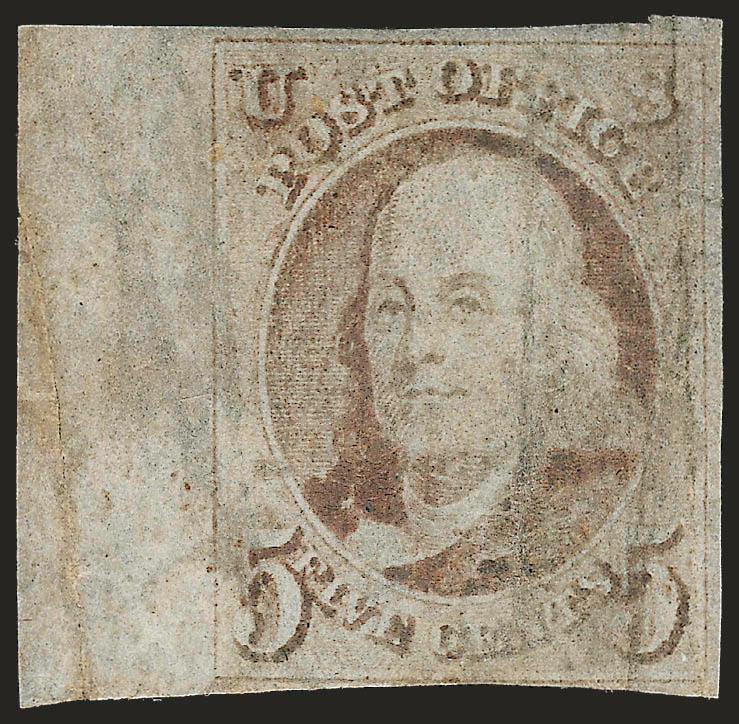 5c Red Brown (1).> Original gum, large margins to in incl. <sheet margin> at left, bit heavy creases resulting in tears, soiling and stains, otherwise Fine, scarce original-gum sheet margin example of the 5c 1847
Issue, with 2007 P.F. certificate