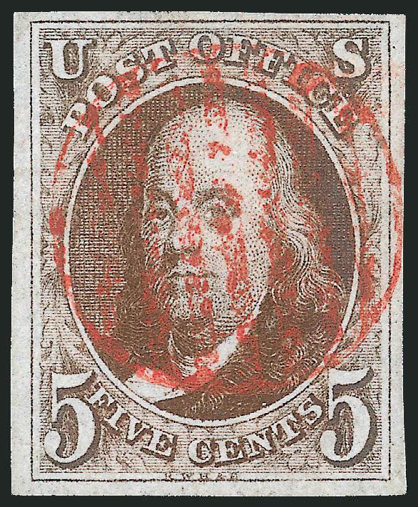 5c Dark Brown (1a).> Ample to large margins, wonderful deep rich color and sharp impression, red grid cancel, Very Fine, with 1988 P.F. certificate