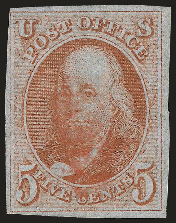 5c Brown Orange (1d).> Large margins to clear, brilliant color, light strike of red cancel, Very Fine and choice example of this issue, the color is so distinctive that it has historically been classified as the
Red Orange shade (and still might be,