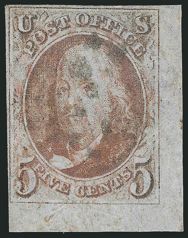 5c Red Brown (1).> Huge margins to full incl. <bottom right corner margins,> neat <black grid> cancel, few pressed creases, appears Very Fine, scarce corner-margin example of the 5c 1847 Issue