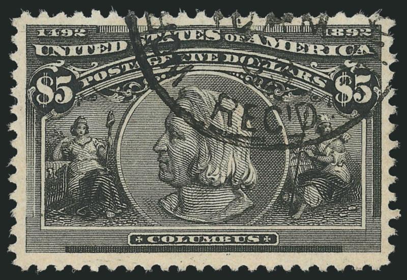 $5.00 Columbian (245).> Exceptionally wide margins and near-perfect centering, fabulous intense color on bright white paper with clear impression<><>^EXTREMELY FINE. ONE OF THE MOST ATTRACTIVE USED $5.00
COLUMBIAN STAMPS WE HAVE SEEN.^<><>With 19