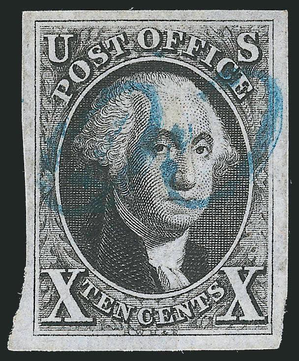 10c Black (2).> Large margins all around, intense shade and proof-like impression, two strikes of <blue 10> cancels appearing as 00 on the stamp<><>^EXTREMELY FINE. A BEAUTIFUL USED EXAMPLE OF THE 10-CENT 1847
ISSUE CANCELLED SOLELY BY A BLUE 