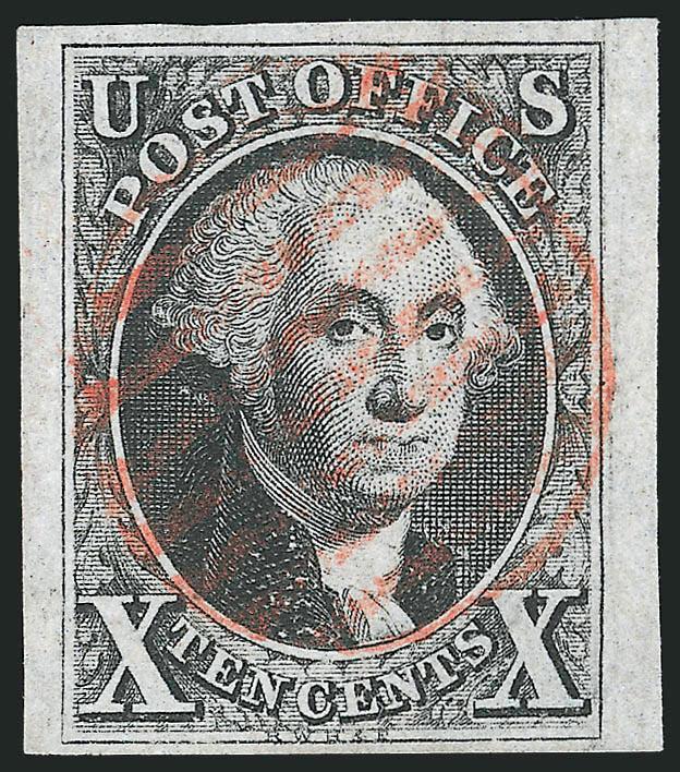 10c Black (2).> Full top and bottom margins, huge at sides, red grid cancel, Very Fine and choice, with 1991 P.F. certificate