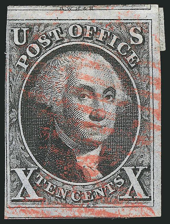 10c Black (2).> Huge margins to just in at top left incl. part of adjoining stamps at top and bottom, bright shade, red New York square grid cancel, bit heavy paper h.r. on back, Fine