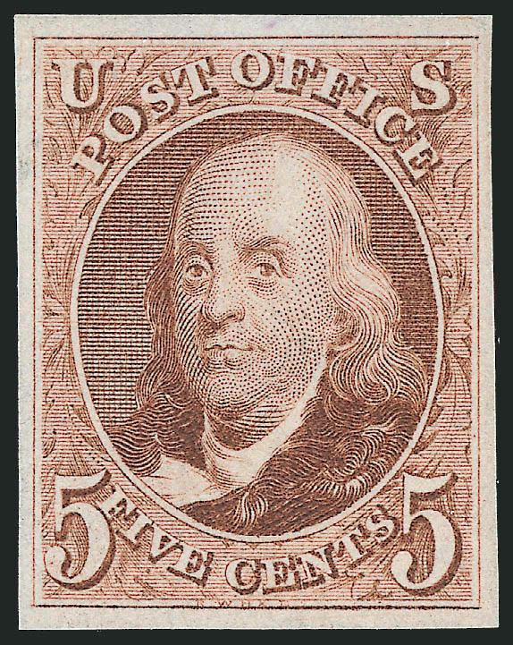 5c Red Brown, Reproduction (3).> Without gum as issued, large even margins, intense shade and impression, fresh and Extremely Fine, with 2008 P.S.E. certificate (XF 90 SMQ $1,000.00)
