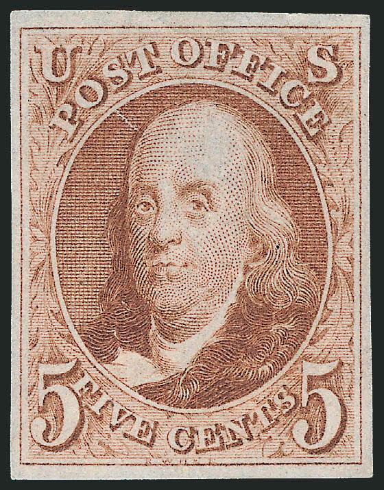5c Red Brown, Reproduction (3).> Without gum as issued, margins all around, lovely color, Very Fine, with 2001 P.S.E. certificate