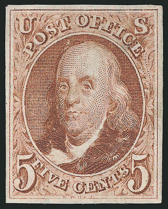 5c Red Brown, Reproduction (3).> Without gum as issued, ample even margins, rich color, faint toned spot not mentioned on certificate, otherwise Very Fine, with 1990 P.F. certificate