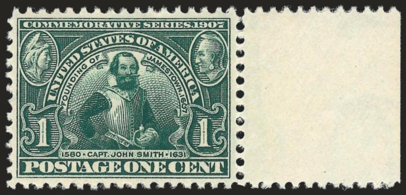 1c Jamestown (328).> Mint N.H. with right selvage (partly separated), incredibly well-centered, Extremely Fine, with 2008 P.S.E. certificate (XF 90 SMQ $245.00)
