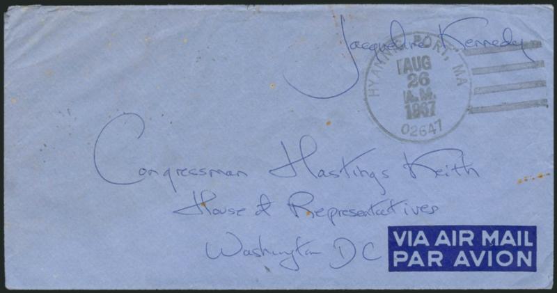 Jacqueline Kennedy.> Clear free frank in blue ink on blue cover with printed Via Air MailPar Avion addressed in her hand to <<Congressman Hastings Keith, House of Representatives, Washington D.C.>>, neat
Hyannis Port Ma. 02647 Aug. 26 A.M. 1967