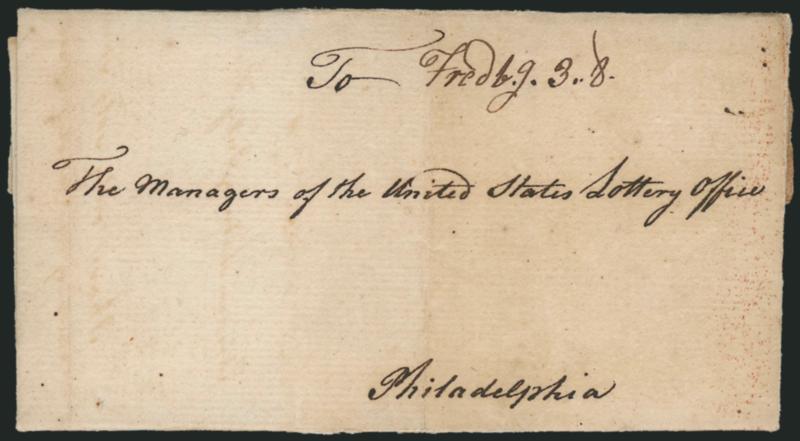 (Fredericksburg Va., 1777) Fredbg. 3.8.> Manuscript postmark and 3dwt8gr rate on July 1, 1777 folded letter to <<The Managers of the United States Lottery Office>> in Philadelphia, slightly toned and split
along folds, still Very Fine, this is th