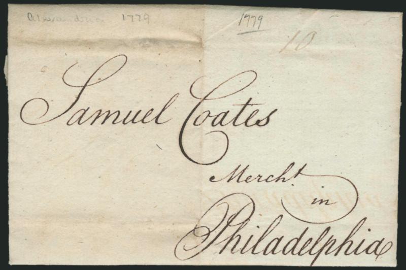 (Alexandria Va., 1779) 10 (dwt) Resolution of Apr. 16, 1779 Inflation Rate.> Ms. 10 rate without any other postal markings on folded letter datelined <<Alexandria Novembr. 24th 1779>> to Samuel Coates in
Philadelphia, light soiling and wear alo