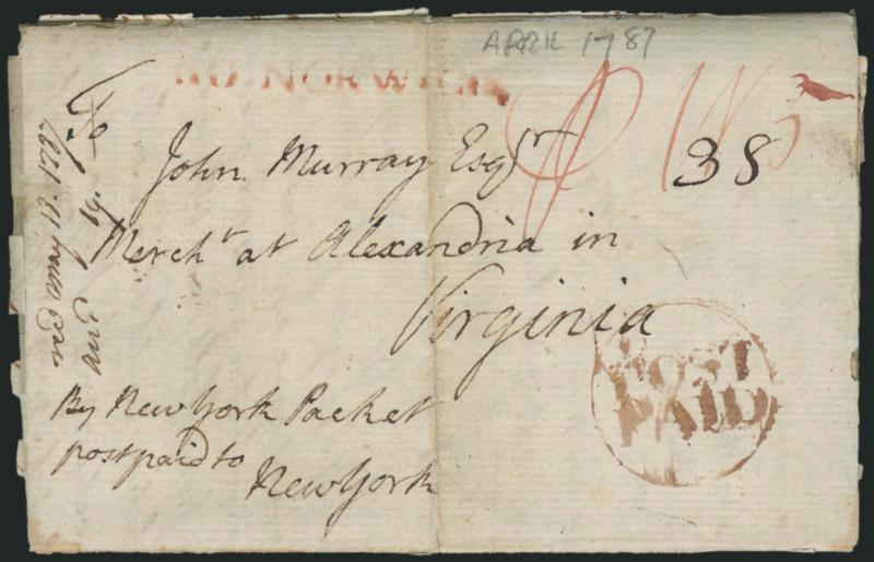 (Alexandria Va., 1787) England to Virginia via New York Packet.> Folded letter datelined <<Norwich 3d April 1787>> to Alexandria Va., senders routing <y New York Packet, postpaid to New York,>> red ^SO NORWICH^
straightline handstamp, browni