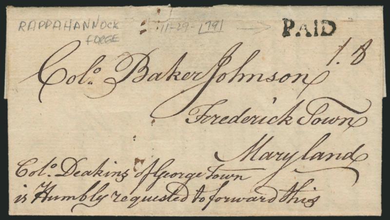 (Rappahannock Forge Va., 1791-92) Covers to Fredericktown Md.> Two folded letters datelined at Rappahannock Forge Va. from Abner Vernon to Col. Baker Johnson in Fredericktown Md., each with senders instructions
<<Colo. Deakins of George Town is Hum