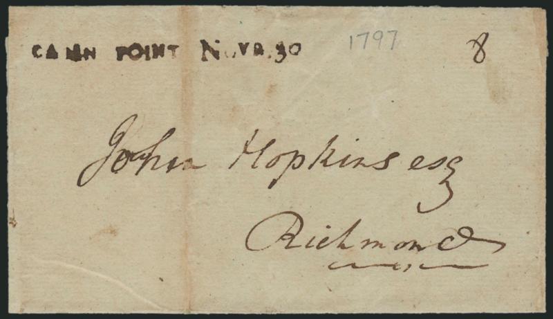 CABIN POINT NOVB. 30.> Mostly clear strike of brownish straightline datestamp and ms. 8 rate on folded cover to Richmond Va., 1797 receipt docketing, slightly worn file fold, Very Fine,. ASCC value
$300.00