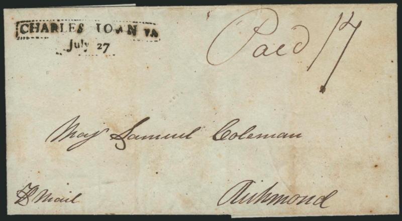 CHARLESTOWN VAJuly 27.> Two-line datestamp in dotted frame and ms. Paid 17 rate on folded cover to Richmond Va., refolded at bottom, Very Fine, Charlestown lies in West Virginia, this is the ASCC listing
example (value $350.00)