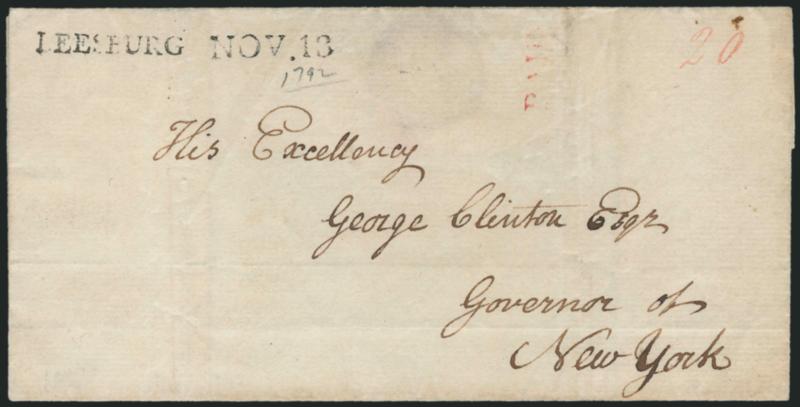 LEESBURG NOV. 13.> Straightline datestamp in black and red ^PAID^ handstamp with red ms. 20 rate on folded cover to George Clinton, Governor of New York, receipt docketing dated 1792, Very Fine and
scarce