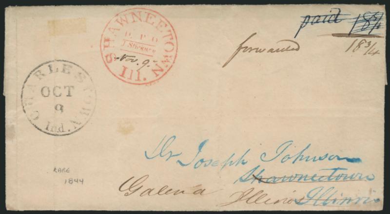Shawneetown Ill., D.P.O., J. Sickney.> Red circular datestamp with <postmasters name,> ms. Nov. 9 mdate on forwarded folded letter, Charlestown Ind. Oct. 9 circular datestamp and ms. Paid 18-34 rate applied at
origin, Shawneetown datestamp an