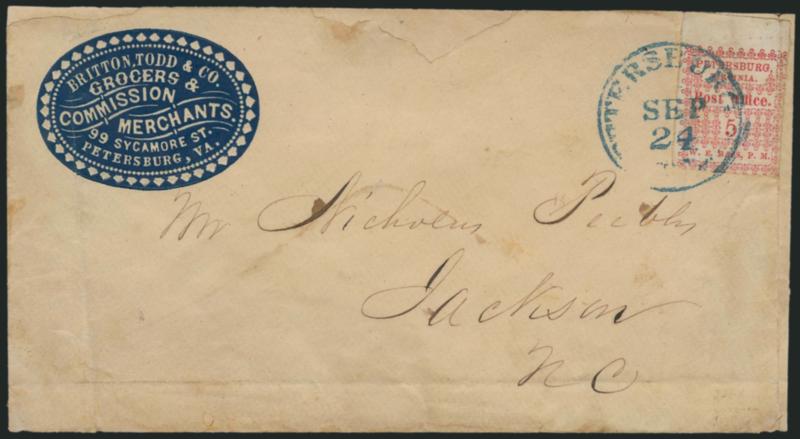 Petersburg Va., 5c Red (65X1).> Position 2, huge <top sheet margin,> large at left and touched to slightly in on other sides, tied by blue Petersburg Va. Sep. 24 (1861) circular datestamp on <grocer and
commission merchants blue oval cameo corner