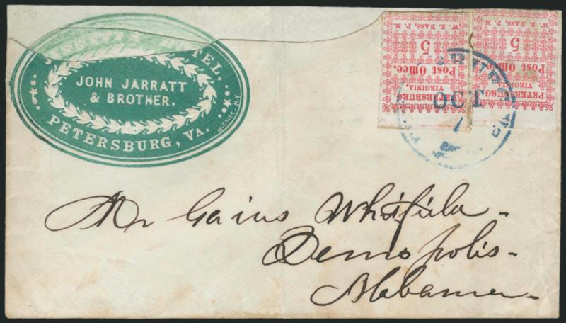 Petersburg Va., 5c Red (65X1).> Positions 2 and 3, each with extra large top sheet margin, other sides large to slightly in along tips of ornaments, one stamp has short slight crease, tied by blue Petersburg
Va. Oct. 7 circular datestamp on cover t