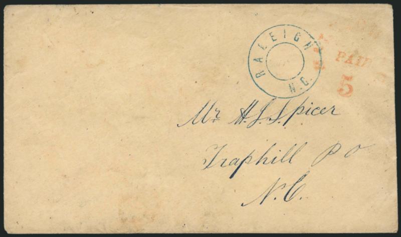 Raleigh N.C., 5c Red entire (68XU1).> Usual part strike of provisional handstamp, clear blue Raleigh N.C. double-circle without date on yellow cover to Traphill N.C., lightly soiled, Fine