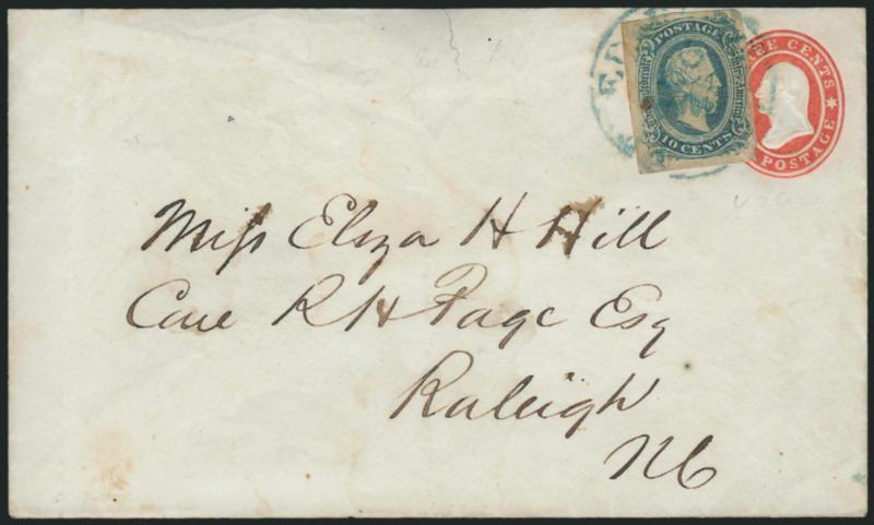 10c Blue, Die A (11).> Ample to large margins, slightly gum toned, tied by blue Petersburg Va. Aug. 4 circular datestamp on <U.S. 3c Red Star Die entire (U26)> to Raleigh N.C., top flap replaced, small tear at
top, otherwise Fine, a nice adversity