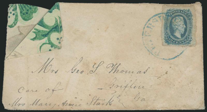10c Blue, Die B (12).> Large margins all around, tied by blue Petersburg Va. circular datestamp on <green, blue and gray floral wallpaper> cover to Griffin Ga., usual slight wear, top flap removed, Very
Fine