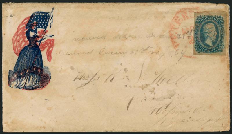 10c Blue, Die A (11).> Two tied by Petersburg circular datestamps on separate covers, one is a <captured Union patriotic> with red and blue Liberty & Flag design and red tying datestamp, other is a <Sanitary
Commission corner card> cover with black t