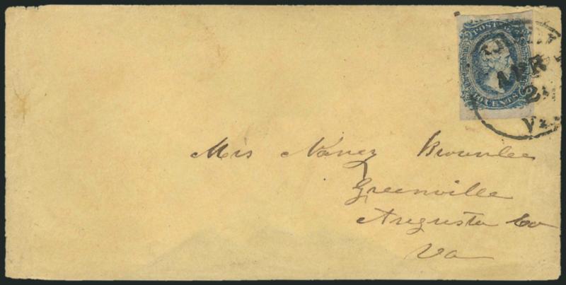 10c Dark Blue, Die A, Keatinge & Ball (11b K&B).> Three full to large margins, clear at left, gummy ink impression, tied by <Petersburg Va. Apr. 2 (1865)> circular datestamp -- <the day Petersburg fell to Union
forces> -- on cover to Greenville Va.