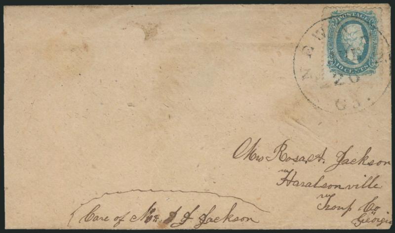 10c Blue, Die A, Perforated (11e).> Full perforations, tied by Newnan Ga. Jul. 26 circular datestamp on homemade cover to Haralsonville Geo., faint horizontal file fold affects stamp, appears Fine