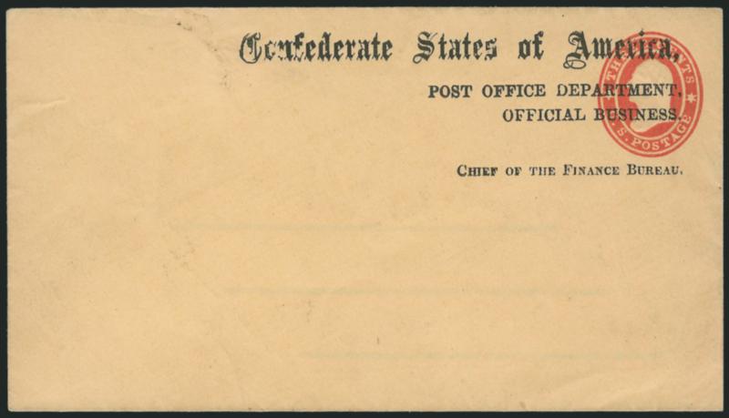 C.S.A. Use of 3c Red Star DIe entires.> Two, one is unused entire with Chief of the Finance Bureau imprint, other with blue Louisville Ky. Apr. 28, 1861 double-circle datestamp and red and blue 7-Star
Confederate Flag label (appears to have origina