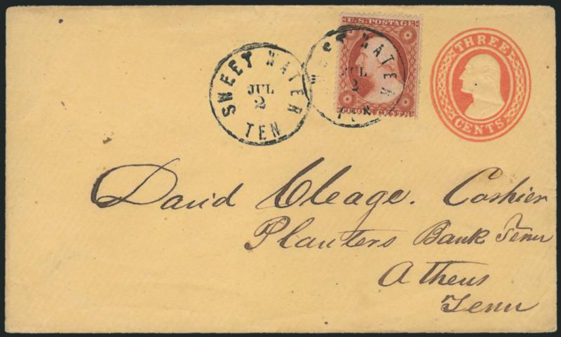 Tennessee Cover Balance.> Two, 3c No. 26 tied by Sweet Water Ten circular datestamp on 3c Red Nesbitt entire, 3c No. 65 tied by Nashville Ten duplex on medical dept. imprint cover (crossed out), minor faults,
Fine