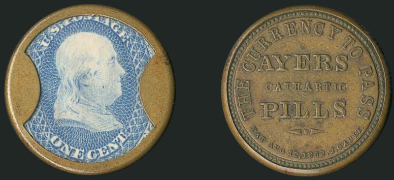 Ayers Cathartic Pills, Lowell Mass., 1c Blue, Short Arrows (EP2).> Stamp well-positioned and mica appears intact, Extremely Fine, especially nice quality