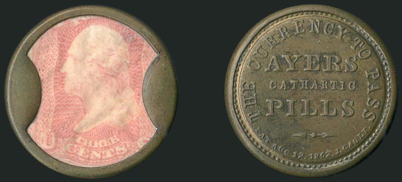 Ayers Cathartic Pills, Lowell Mass., 3c Rose, Long Arrows (EP3).> Fairly strong <Rose Pink> shade, not washed out as usual, the case is in excellent condition, some wrinkling and slight mica crazing, Very
Fine