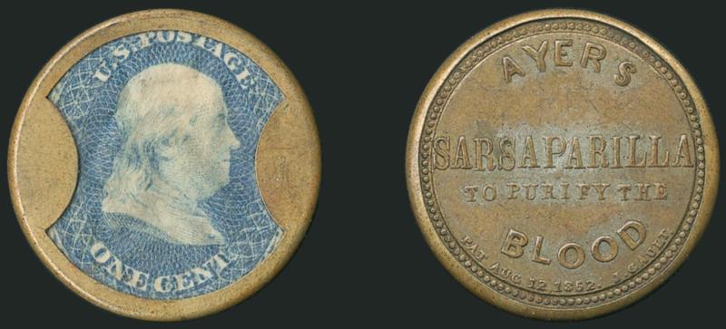 Ayers Sarsaparilla, 1c Blue, Small Ayers (EP13a).> Slight stamp wrinkling and small mica flaw top left, Very Fine, with 2006 P.F. certificate that does not mention any flaws