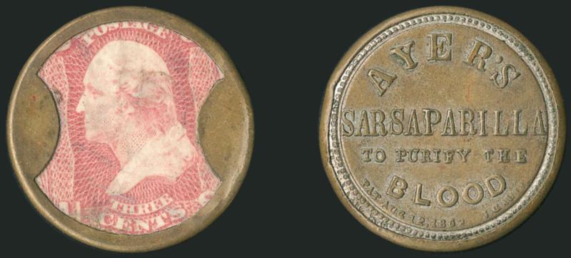 Ayers Sarsaparilla, 3c Rose, Medium Ayers (EP15).> Excellent stamp color, some mica cracks and laminations, Very Fine